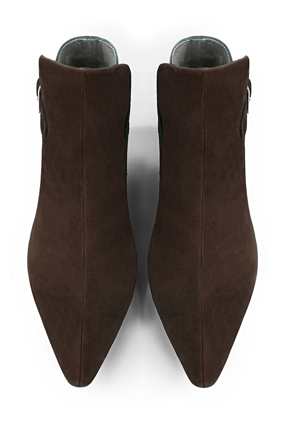 Dark brown and bronze gold women's ankle boots with buckles at the back. Tapered toe. Medium flare heels. Top view - Florence KOOIJMAN